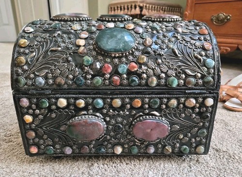 Silver Inlay Semi-Precious Stones Indian Wedding Jewelry Chest VTG Trunk Morocca