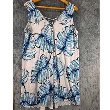 Portocruz Womens 1X Tropical Palm Leaf Lace Up Back Shift Dress Blue White
