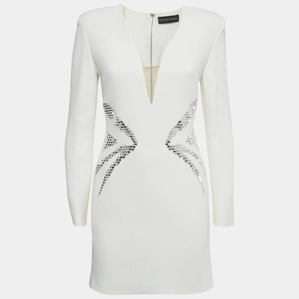 David Koma Ivory Crepe Mirror Embroidered Mini Dress S