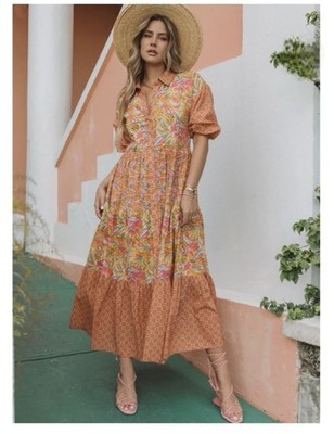 Lovestitch Patchwork Cotton Floral Tiered Maxi Shirt Dress Boho Chic Small S