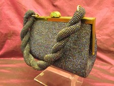 Vintage Retro Dark blue / purple Micro beaded, brass clasp purse handbag
