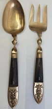Vintage Siam Brass & Teak Wood Salad Fork & Spoon Set. Made In Thailand