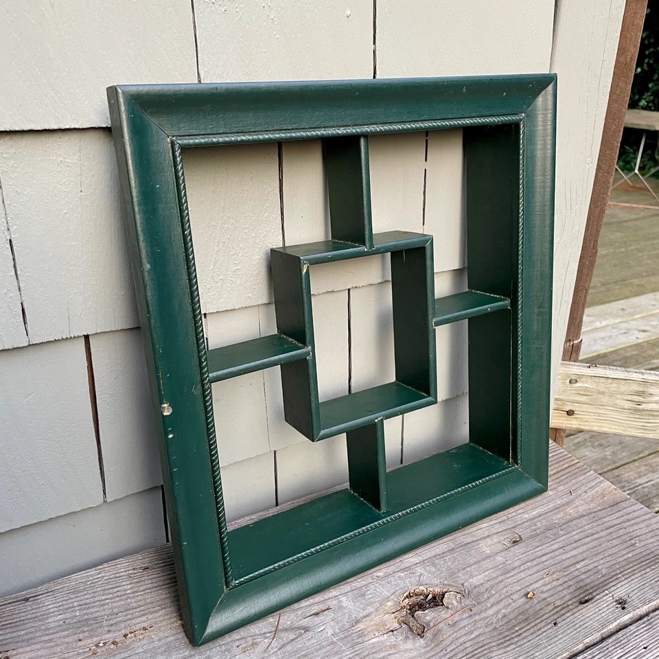 15.5" Primal Painted Green Square Asian Geometric Style Mid Century Wood Shelf - Image 2 of 4