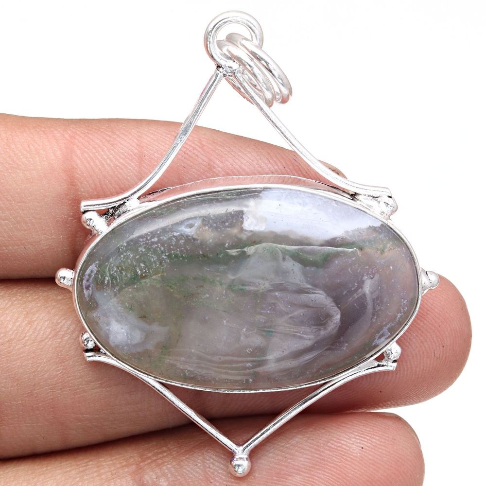 Moss Agate Pendant Handmade Silver Jewelry Mother Day Gift 2 Inch
