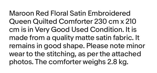 Maroon Red Floral Satin Embroidered Queen Quilted Comforter 230 cm x 210 cm - Picture 24 of 24