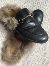 Gucci Princetown Apron Toe Mules Fur Trim in Black Leather Size 38 cehol