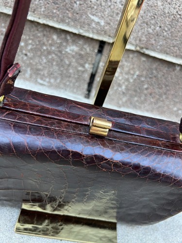 VTG 1950s Alligator Croc Leather Hardcase Purse Long Shoulder Strap Brown Bag - Picture 10 of 17