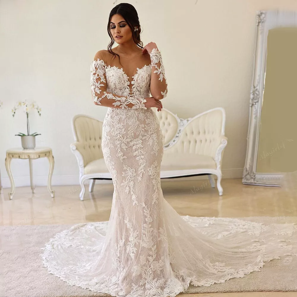 Champagne Wedding Dresses Plus Size Lace Long Sleeves Bridal Dresses Sweep  Train | eBay