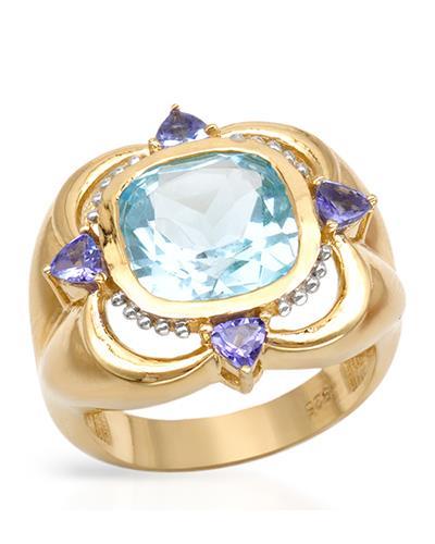 Cocktail Ring Tanzanites & Topaz 2-tone 14K/925 7.8gr Gold plated Silver size 7 - Picture 1 of 2