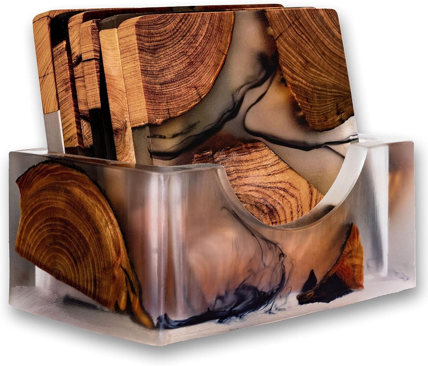 Stylish Cedar Wood and Epoxy Coaster Set with Holder – Perfect for Entertaining-image