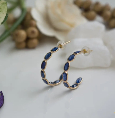 Oceanic Blue Sapphire 18K Gold Plated 925 Sterling Silver Hoop Earrings