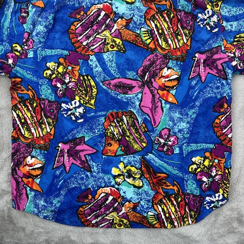 Vtg Hilo Hattie Shirt Mens XL Blue Hawaiian Aloha Camp Resort Ocean Fish 90s - Picture 18 of 18