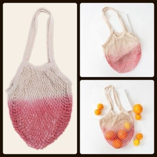 Grocery Sack DIP DYED MARKET TOTE BAG MESH OMBRE PINK REUSABLE SUSTAINABLE - Picture 3 of 5