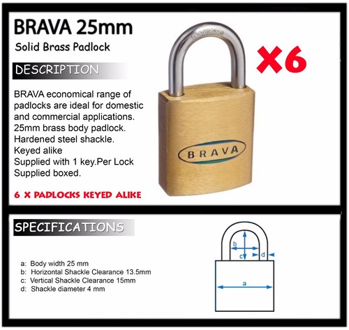 Padlocks x6 KEYED ALIKE BRAVA 25mm High quality BULK LOT - Picture 3 of 3