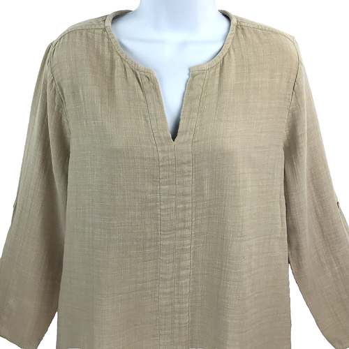 Soft Surroundings Tunic Top SIZE PL Tan Roll Tab Sleeve Hi Low Split Neck Cotton - Picture 3 of 9