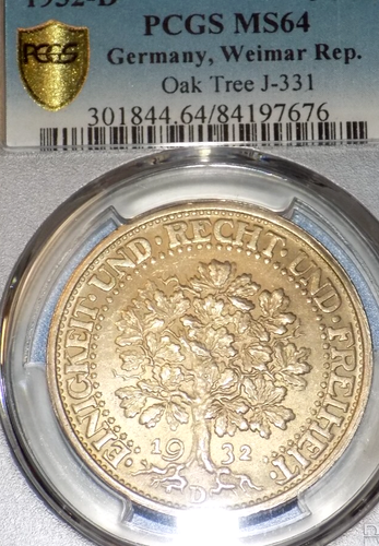 NGC MS 64 1932D 5 Mark German Oak Tree Weimar Republic Reichsmark KM-56 UNC Coin - Picture 3 of 5