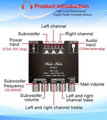 ZK-MT21 2.1CH Bluetooth Amplificatore di Potenza Audio Digitale Scheda Subwoofer 50W*2+100W - Foto 4 di 19