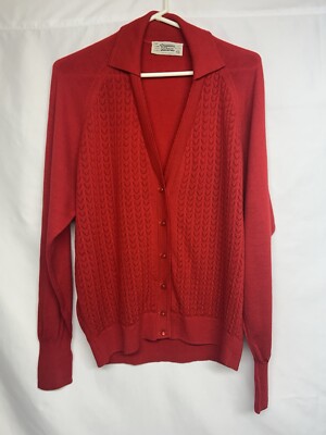 Vintage Tekau Women s Pointelle Pure Wool Red Cardigan Sweater, New Zealand, XL