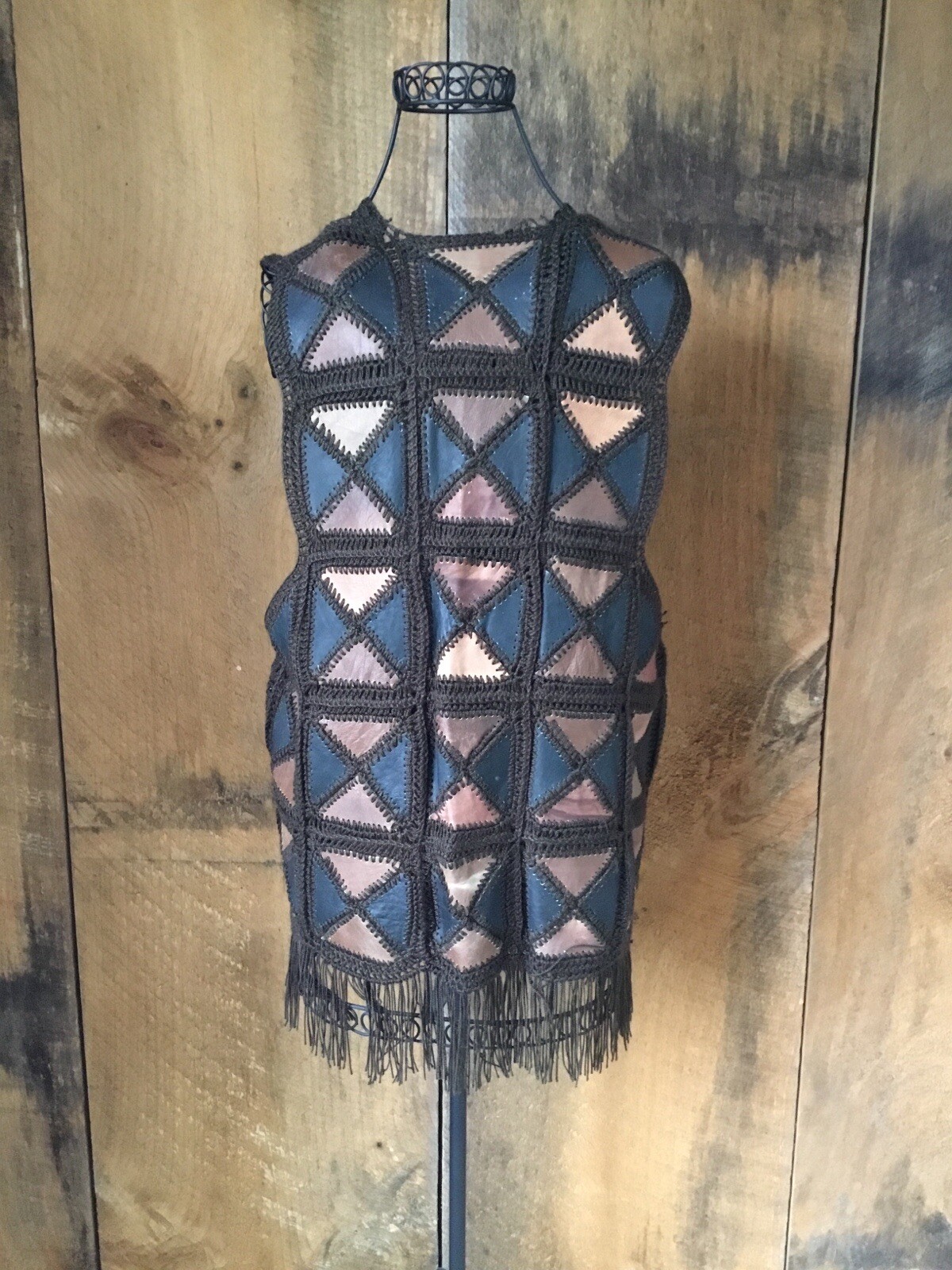 Vintage Leather Patchwork Panel Crocheted Vest • … - image 2