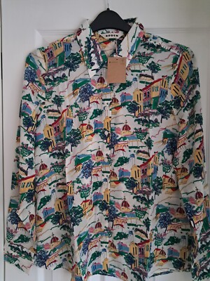 BODEN SIENNA SILK SHIRT LONG SLEEVE MULTI PAINTED VILLAGE UK 14 R, EUR 40-42 NWT