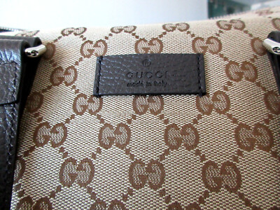Gucci Large GG Logo Beige Canvas Brown Leather Carry on Bag Duffle