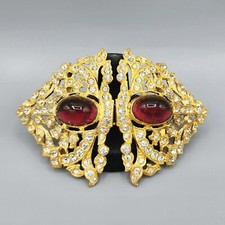 1930s Gold Tone Red Glass Cab Crystal Pave Pot Metal 2 Pc Dress Belt Buckle