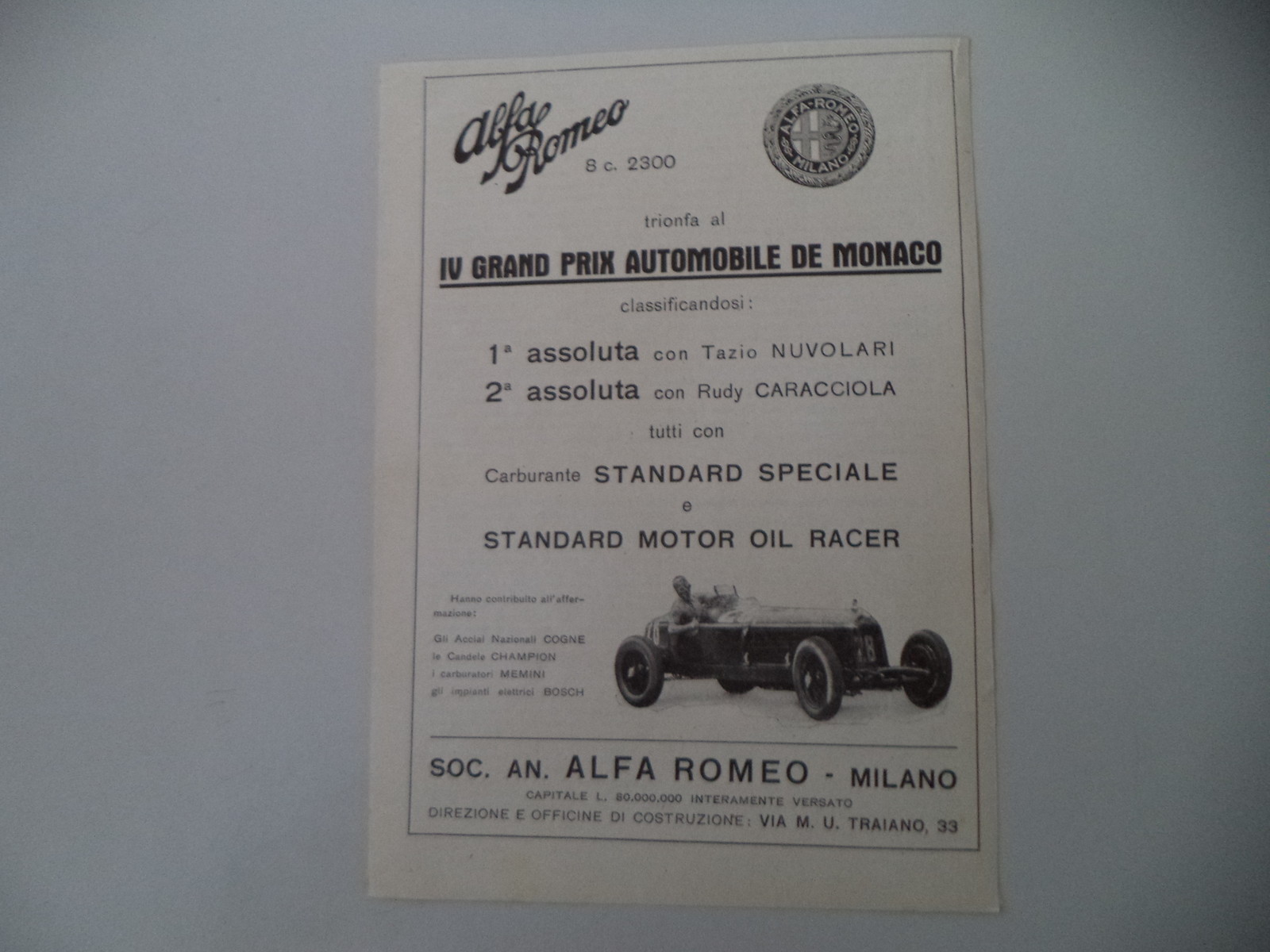 advertising Pubblicità 1932 ALFA ROMEO 8C 2300 VINE GRAND PRIX MONACO