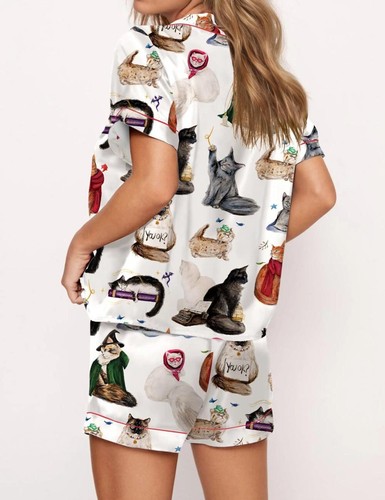 Cat Edition Pajamas Set For Women, Satin Short Sleeves Pajamas - Picture 2 of 4