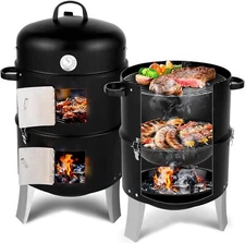 Vertical 19" Steel Charcoal Smoker,Heavy Duty 3in1 Portable Outdoor Grill Cooker