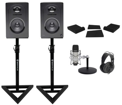 Pair Samson M50 5'' Active Studio Monitors+Stands+Pads+Headphones+Mic+Stand/Mount