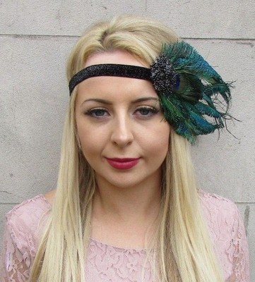 Black Green Peacock Feather Headpiece 1920s Headband Flapper