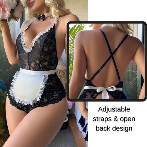 Sexy Disfraz Mujer French Maid Encaje Body Cuello en V Espalda - Imagen 3 de 18