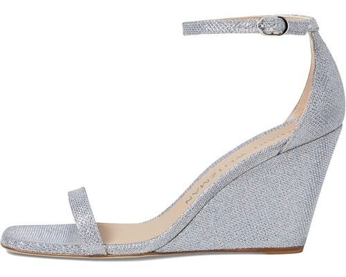 STUART WEITZMAN NUDISTCURVE 85 WEDGE HEELS Women's 7.5 B SILVER STRAPPY SANDALS - Picture 2 of 15
