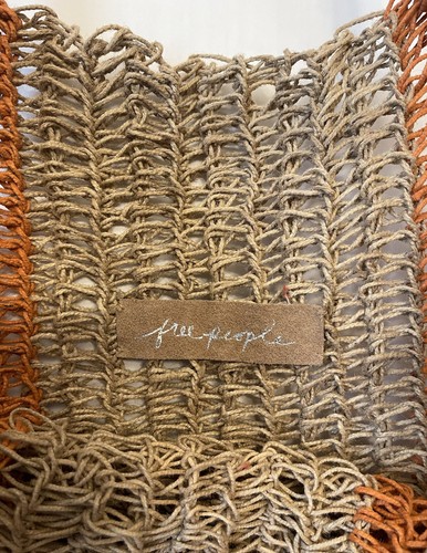 FREE PEOPLE Under The Palm Jute Tote - Sand, Orange & Burgundy - Beach Bag NWOT - Picture 5 of 8