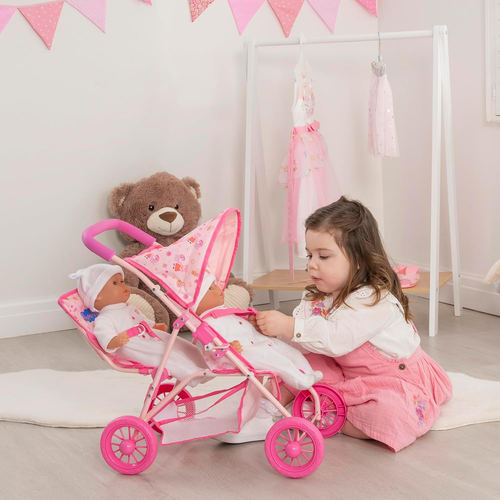 Peppa Pig Tandem Twin Stroller | Toy Dolls Double Buggy in Pink | Childrens Baby - Picture 3 of 12