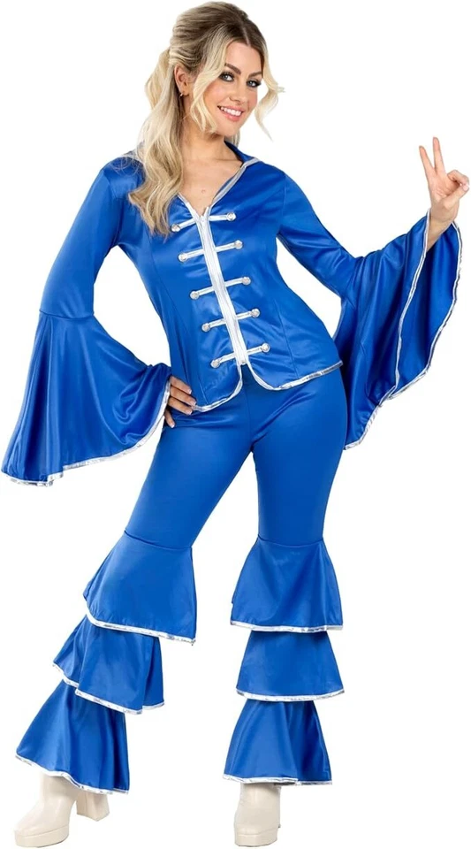 Mujer Años 70 Azul Bailando Reina Disfraz S-XXL Damas Pop Disco Conjunto Halloween Foto 4 de 4