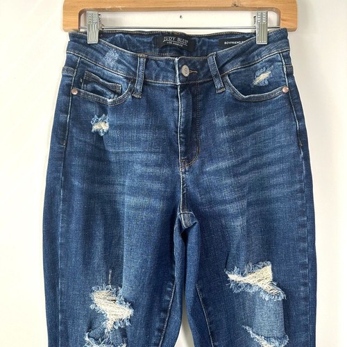 Pantalones de mezclilla Judy Blue para mujer 3/26 desgastados corte novio elástico lavado oscuro usados en excelente estado - Imagen 3 de 7