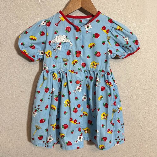 VTG 90s Y2K Girls Strawberry Novelty Print Dress 4T Blue Puff Sleeve Button Up - Picture 2 of 9