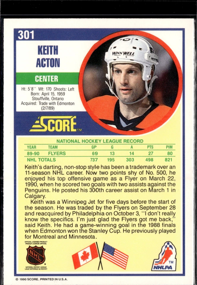 1990-91 Score American #301 Keith Acton - Image 2 of 2