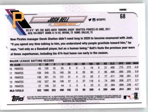 2021 Topps Chrome Josh Bell tarjeta base MLB PWE Pirates #68 - Imagen 2 de 2