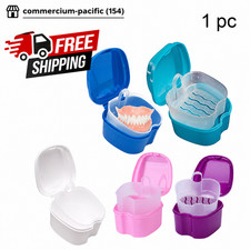 Denture Bath Box Organizer Dental False Teeth Storage Case w/ Hanging Net