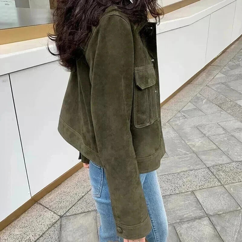 Women’s Olive Green Suede Jacket, Casual Button Front Short Coat with Pockets