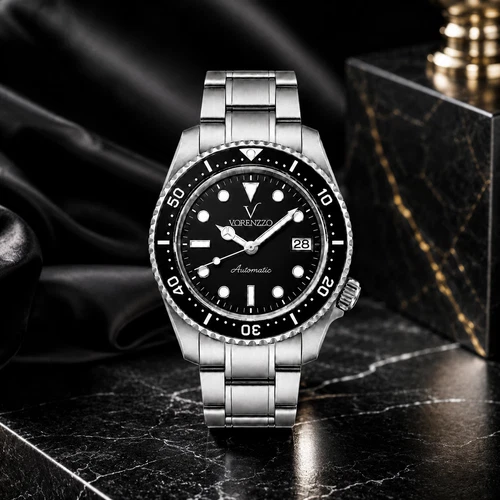 VORENZZO Automatic Black Diver Watch Sapphire Crystal Steel Bracelet