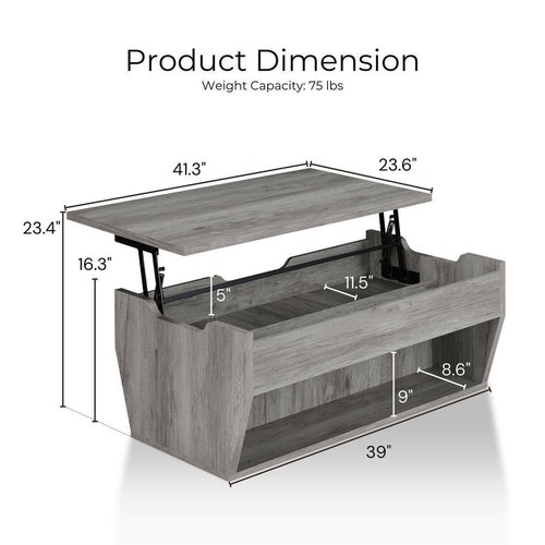 Anthem 41" Distressed Gray Rectangle Particle Board Coffee Table with Lift Top - Picture 9 of 13
