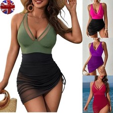 Womens Mesh Sexy Swim Dress V-Neck One-Piece Swimsuit Tummy Control UK