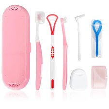 7-in-1 Travel Oral Care Kit with Case   Toothbrush, Tongue Scraper, Pink