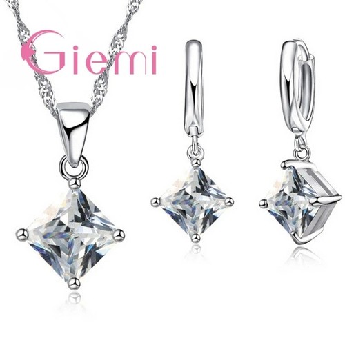 925 Sterling Silver Color Jewelry Set Crystal Square Pendant Necklace Earrings