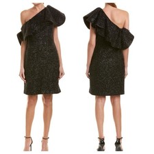 Halston Heritage One Shoulder Black Tinsel Ruffle Sleeve Mini Dress Size 6