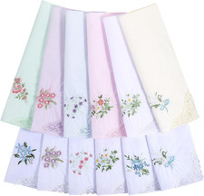 12Pcs Ladies Handkerchiefs - White Lace Floral Embroidery - Soft Cotton - Weddin