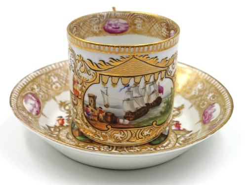 Taza y platillo Meissen antiguos de porcelana pintados a mano con escena de barcos y puerto (B) - Imagen 4 de 12